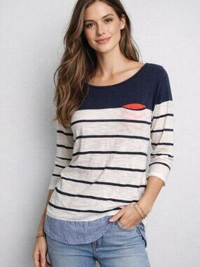 Anthro Postmark Striped Top M Navy White Boatneck 3/4 Sleeve Pocket Tee